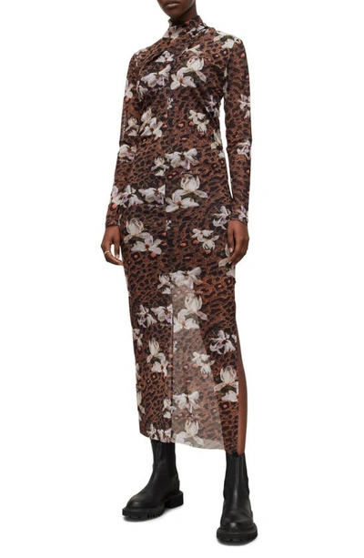 Allsaints Tia Alessandra Long Sleeve Midi Dress In Animal Brown