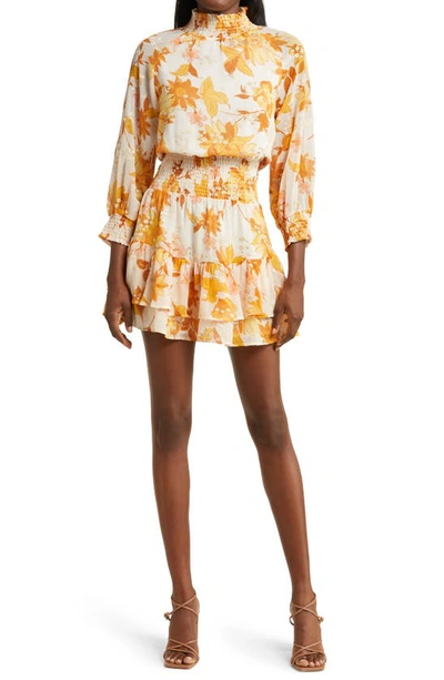 Btfl-life Ambrielle Floral Smocked Long Sleeve Minidress In Yellow