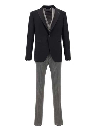 Tagliatore Three-piece Suit In <p> Men's Three-piece Fresh Stretch Wool Suit With Satin Profiles, Black Blazer With Peak