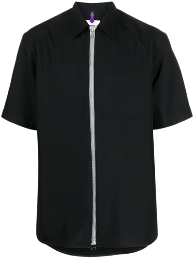 Oamc Zip-up Short-sleeve Shirt In Black