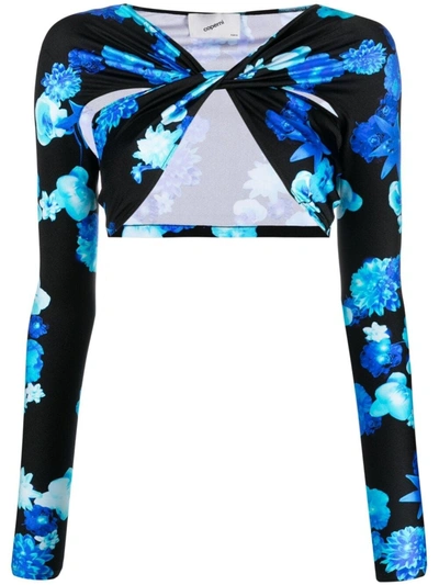 Coperni Floral-print Twisted Crop Top In Blue