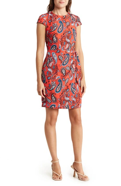 Vince Camuto Printed Cap Sleeve Pleated Dress In Poppy Multi