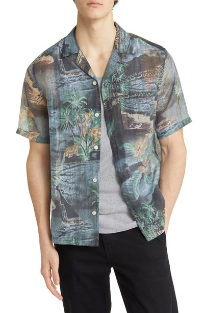 Allsaints Aquila Relaxed Fit Tropical Print Short Sleeve Button-up Shirt In Black