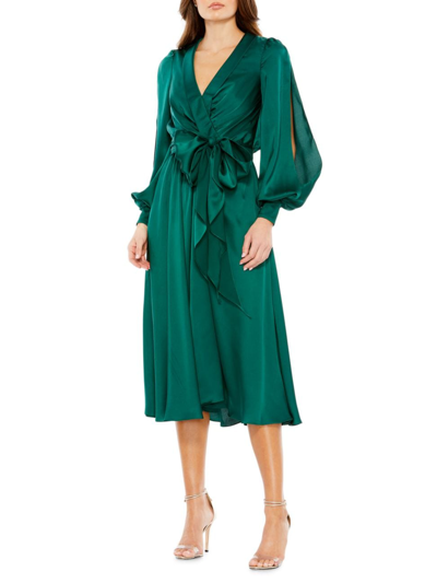 Mac Duggal Collared Wrap Bishop Sleeve Dress In Emerald