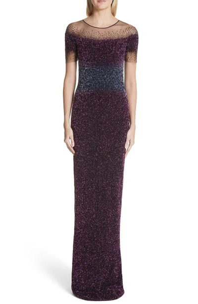 Pamella Roland Short-sleeve Crunchy Sequin Ombre Gown In Amethyst Navy