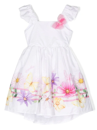 Monnalisa Kids' 贴花花卉棉质府绸连衣裙 In White + Multicolor