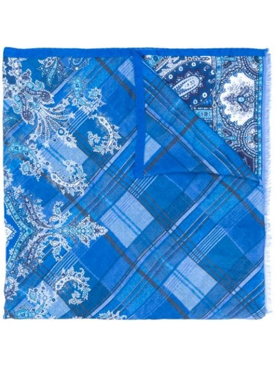 Etro Paisley And Check Scarf In Blue