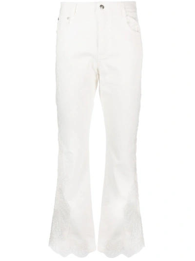 Ermanno Scervino Floral Lace-detail Denim Trousers In White