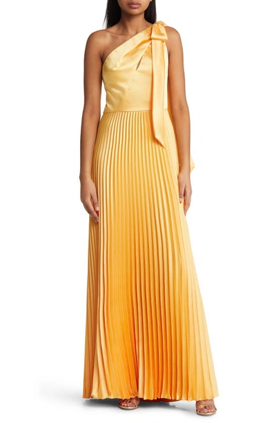 Amsale Pleated One-shoulder Satin Gown In Marigold