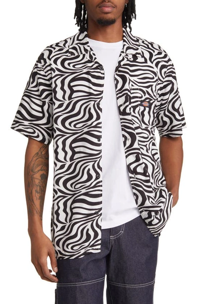 Dickies Zebra Stripe Short Sleeve Button-up Camp Shirt In Black