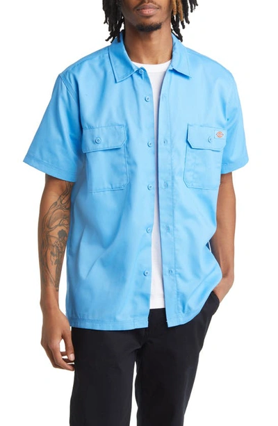 Dickies Solid Short Sleeve Button-up Work Shirt In Blue