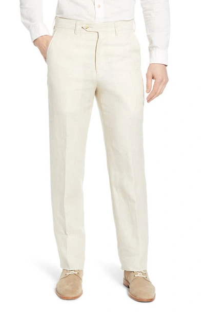 Berle Flat Front Solid Linen Dress Trousers In Stone