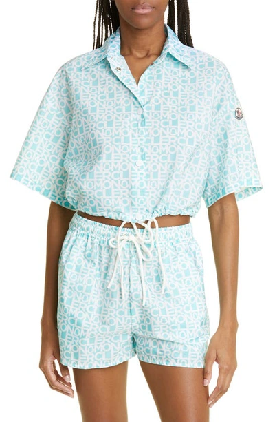 Moncler Logo Print Taffeta Button-up Shirt In Aqua