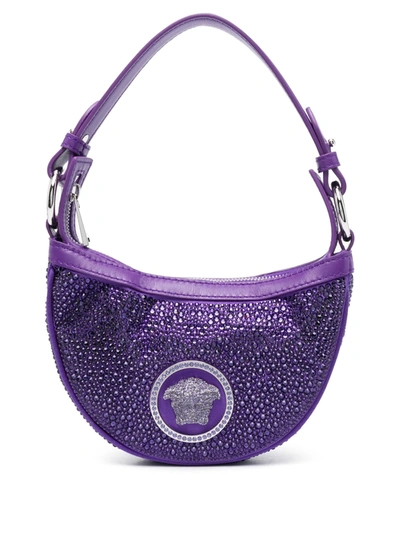 Versace Rhinestones Detail Satin Shoulder Bag In Violett