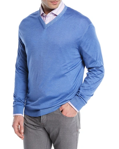 Kiton Washed Cashmere-silk V-neck Sweater, Blue