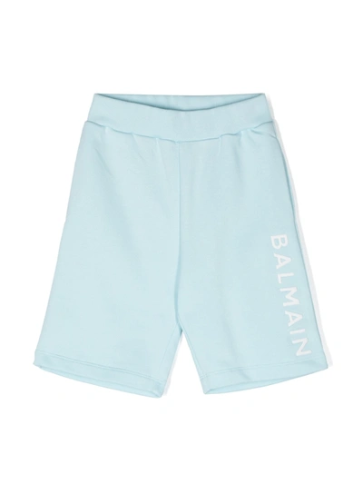 Balmain Kids' Embossed-logo Cotton Shorts In Blue