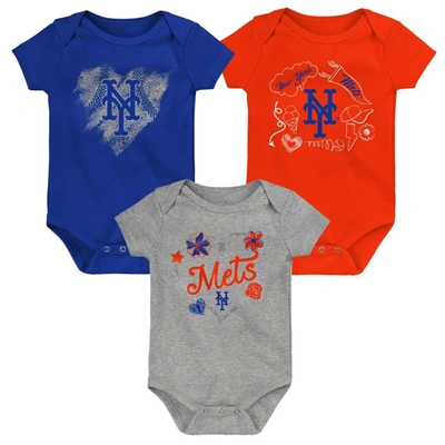 Outerstuff Babies' Girls Newborn And Infant Royal, Orange, Heathered Gray New York Mets 3-pack Batter Up Bodysuit Set In Royal,orange,gray
