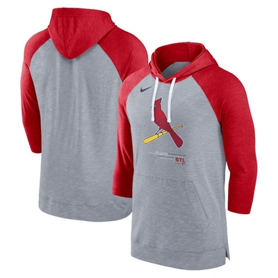 Nike Men's  Heather Gray, Heather Red St. Louis Cardinals Baseball Raglan 3/4 Sleeve Pullover Hoodie In Heather Gray,heather Red