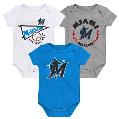 Outerstuff Babies' Newborn And Infant Boys And Girls Blue, White, Heather Gray Miami Marlins Biggest Little Fan 3-pack In Blue,white,heather Gray