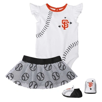 Outerstuff Babies' Girls Infant White, Black San Francisco Giants Sweet Spot Three-piece Bodysuit Skirt And Booties Set In White,black