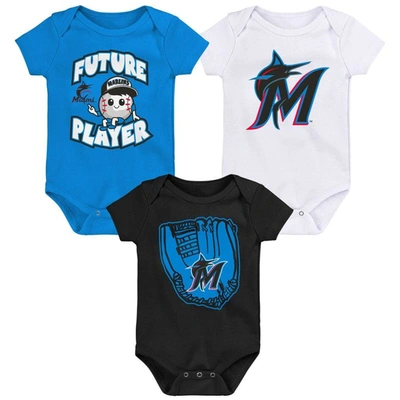 Outerstuff Babies' Newborn And Infant Boys And Girls Blue, Black, White Miami Marlins Minor League Player Three-pack Bo In Blue,black,white