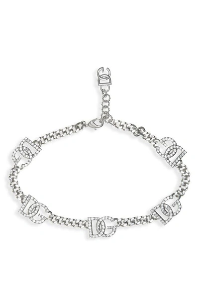 Dolce & Gabbana Dg Logo Crystal Station Collar Necklace In Silver