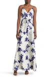 Lulus Tea Gardens Satin Maxi Dress In Navy Blue Floral
