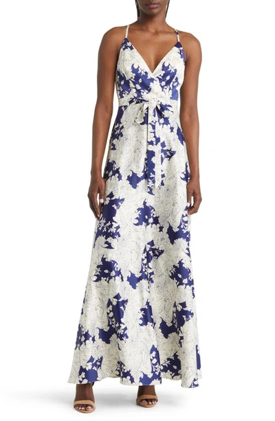 Lulus Tea Gardens Satin Maxi Dress In Navy Blue Floral