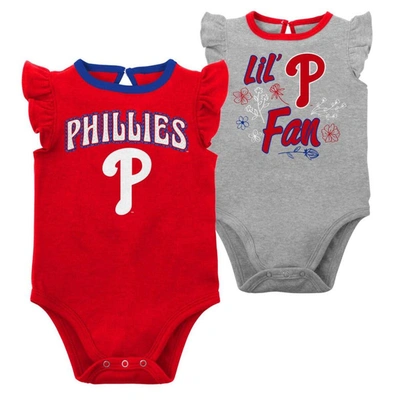 Outerstuff Babies' Infant Boys And Girls Red And Heather Gray Philadelphia Phillies Little Fan Two-pack Bodysuit Set In Red,heather Gray