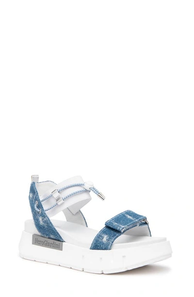 Nerogiardini Bungee Sporty Platform Sandal In Denim / White