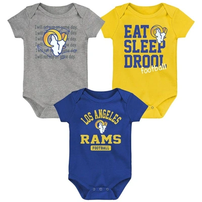 Outerstuff Babies' Newborn & Infant Royal/gold/heathered Gray Los Angeles Rams Three-piece Eat Sleep Drool Bodysuit Set In Royal,gold,heathered Gray