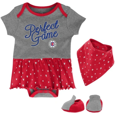 Outerstuff Babies' Girls Infant Heathered Gray La Clippers Practice Makes Perfect Bodysuit Bib & Booties Set In Heather Gray