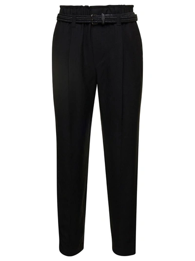 Brunello Cucinelli Black Cropped Pull-up Pants With Belt In Rayon Blend Woman