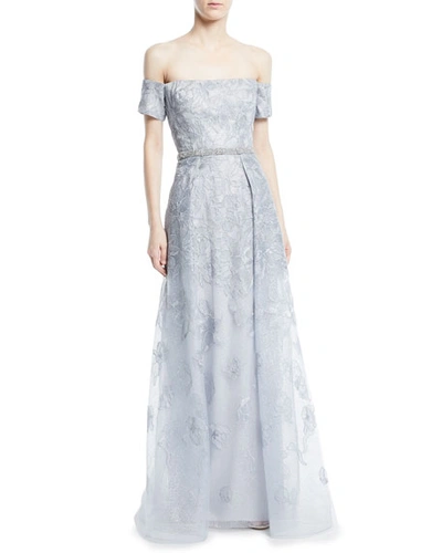 Rickie Freeman For Teri Jon Off-the-shoulder Lace Applique Gown