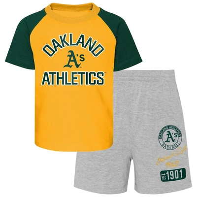 Outerstuff Kids' Toddler Boys And Girls Gold, Heather Gray Oakland Athletics Two-piece Groundout Baller Raglan T-shir In Gold,heather Gray