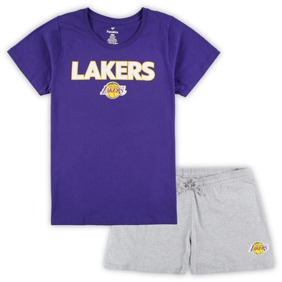 Fanatics Women's  Purple, Heather Gray Los Angeles Lakers Plus Size T-shirt And Shorts Combo Set In Purple,heather Gray