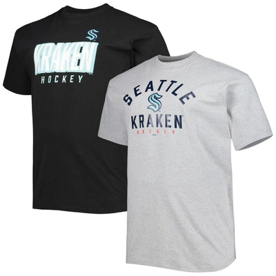 Profile Men's Black, Heather Gray Seattle Kraken Big And Tall Two-pack T-shirt Set In Black,heather Gray