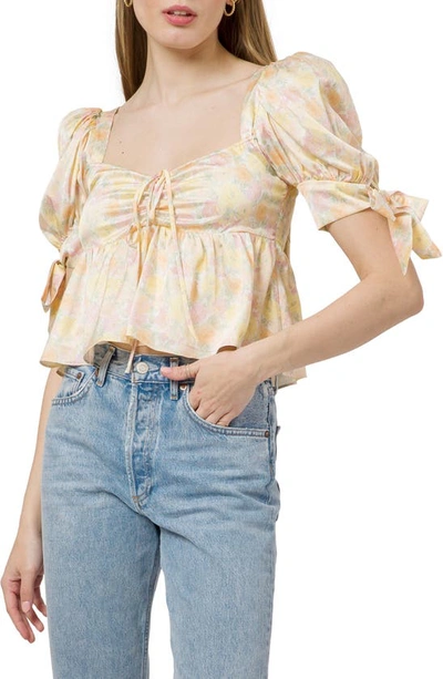 Wayf Floral Print Puff Sleeve Peplum Top In Yellow Mini Roses