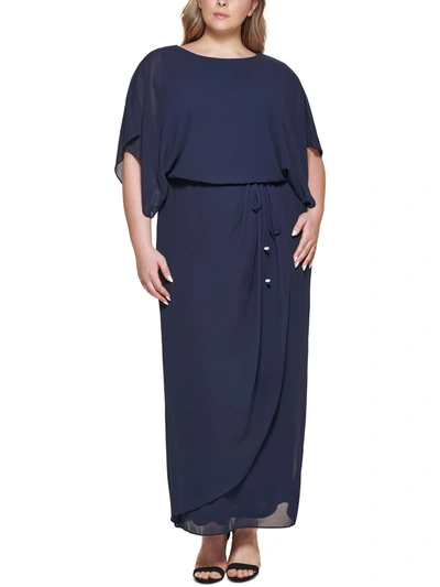 Jessica Howard Plus Womens Blouson Cape Sleeve Evening Dress In Blue