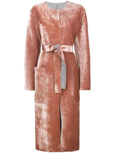 Bottega Veneta Belted Crushed Velvet Coat In Pink