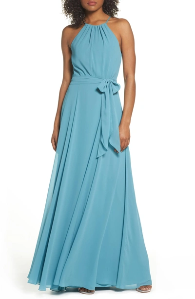 Amsale Kyra Chiffon Halter Gown In Teal