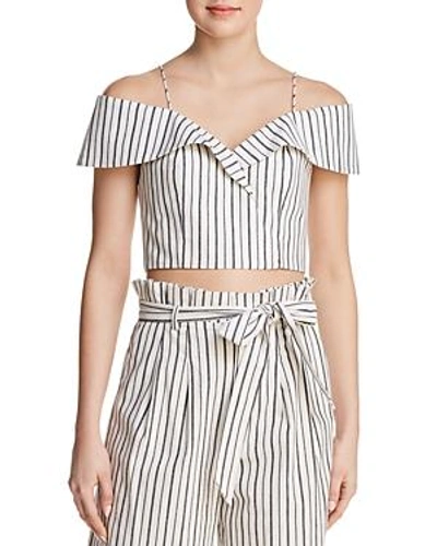 Alice And Olivia Alice + Olivia Haydee Cold-shoulder Striped Cropped Top In Off White/black