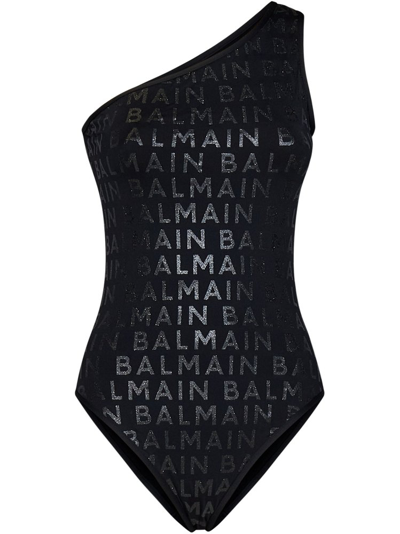 Balmain Glitter-logo One-shoulder Swimsuit In Black