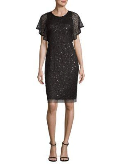 Adrianna Papell Beaded Flutter Sleeve Sheath Dress In Black