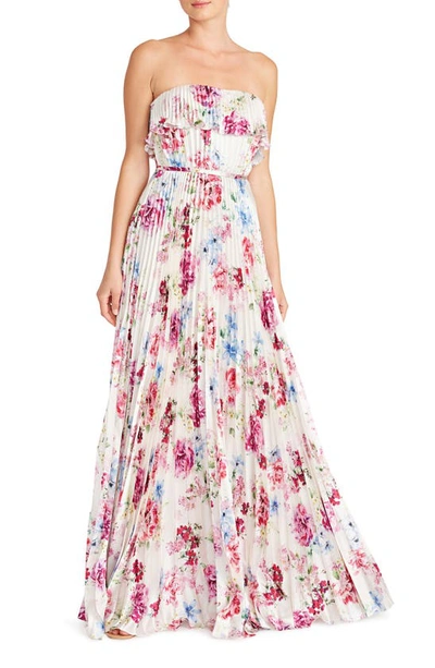 ml Monique Lhuillier Floral Pleated Satin Strapless Gown In Pink