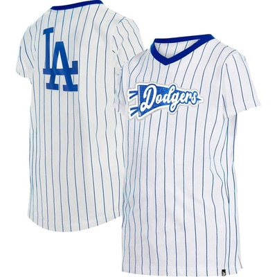 New Era Kids' Girls Youth  White Los Angeles Dodgers Pinstripe V-neck T-shirt