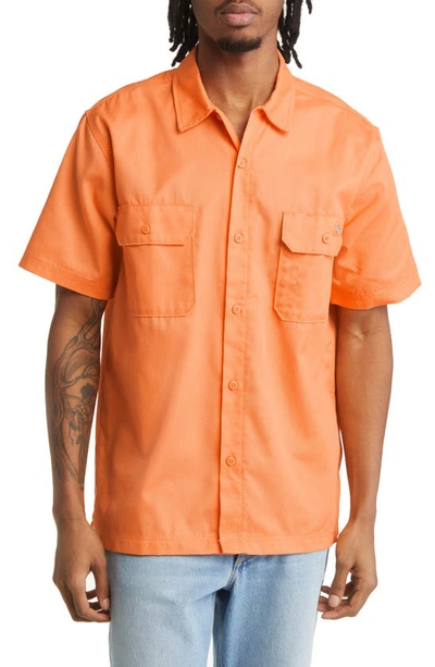 Dickies Solid Short Sleeve Button-up Work Shirt In Papaya Smoothie