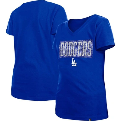 New Era Kids' Girls Youth  Royal Los Angeles Dodgers Flip Sequin Team V-neck T-shirt