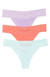Natori Bliss Perfection Lace Trim Thong In Purple/ Coral/ Green