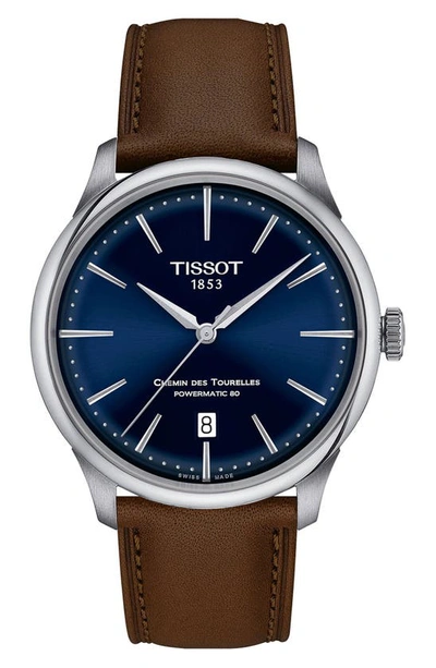 Tissot Chemin Des Tourelles Powermatic 80 Leather Strap Watch, 39mm In Blue/brown